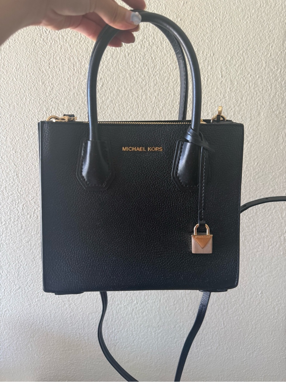 Michael Kors Black Leather Mini Mercer Crossbody with Gold Accent Padlock